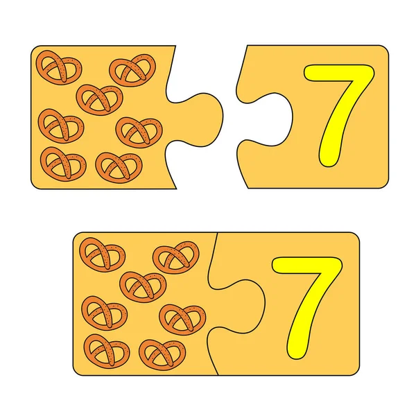 Jeu éducatif pour les enfants. Trouvez la bonne image pour le numéro. Puzzle avec numéro sept et bretzel. Jeu de Puzzle, Mosaïque. Numéros de type — Image vectorielle