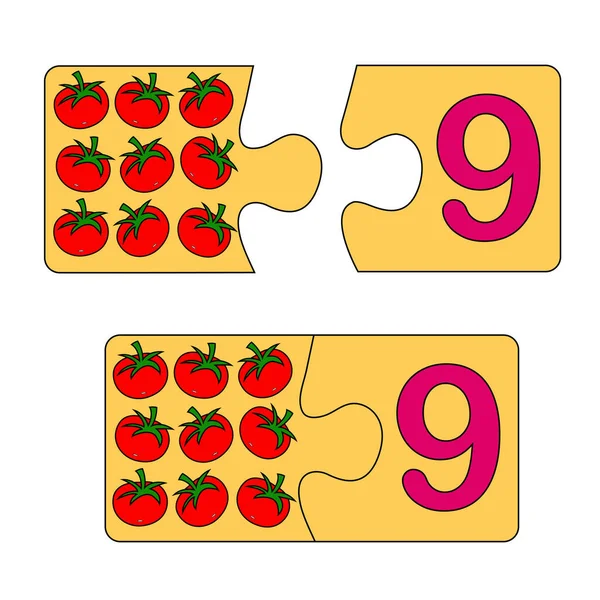 Juego educativo para niños. Encuentra la imagen correcta para el número. Puzzle con el número nueve y tomates. Puzzle Juego, Mosaico. Número de tipo — Archivo Imágenes Vectoriales