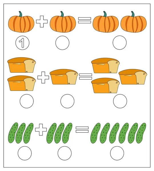 孩子们的教育游戏求解加法的数学示例。南瓜、面包、黄瓜 — 图库矢量图片