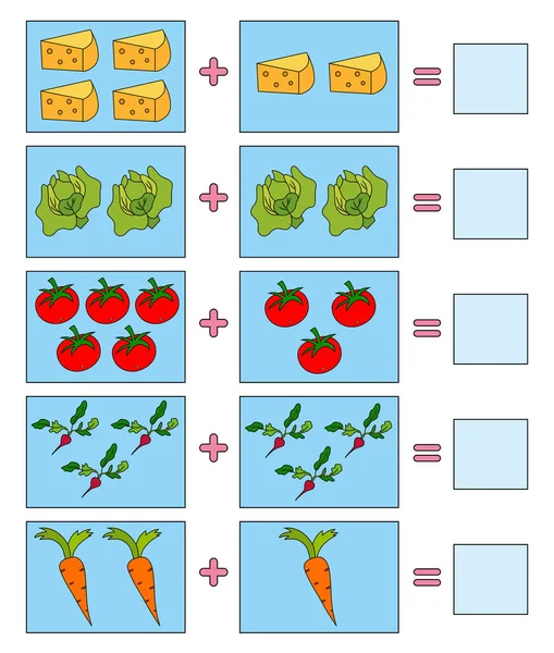 Juego educativo para niños. Comida colorida. Resolver ejemplos matemáticos para la adición. Doblar alimentos. — Vector de stock