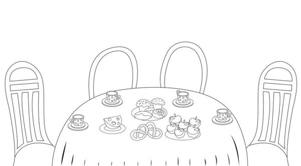 Книжка Розмальовка Дітей Чайна Перерва Стіл Ласощами Чай Чашках Блюдцях — стоковий вектор