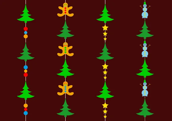 Guirnalda Navidad Árbol Navidad Pan Jengibre Bolas Muñecos Nieve Estrellas — Vector de stock