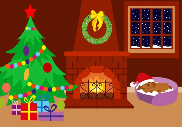 クリスマス ルーム 暖炉はクリスマスリースで飾られています 外は雪が降っている 赤いサンタクロースの帽子でクリスマスツリー ギフトやかわいい子犬 居心地の良い部屋のインテリア — ストックベクタ