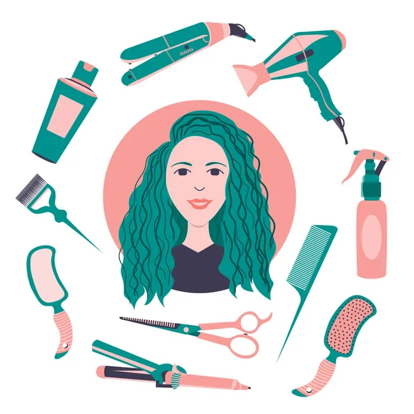 Kolekce kosmetických nástrojů pro péči o vlasy a mladé ženy. Izolované ikony na bílém pozadí. Logo péče o vlasy — Stockový vektor