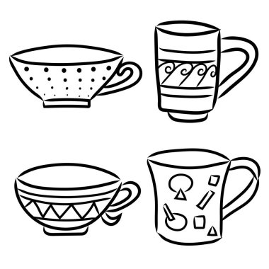 Fincan hattı simgesi ayarlandı. El çizimi vektör illüstrasyonu. Siyah özet. Kahve ve çay fincanları.