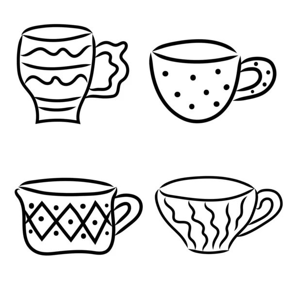 Koppar linje ikon set. Kaffe och te koppar klotter. Handritad vektor illustration set. Svart översikt. — Stock vektor