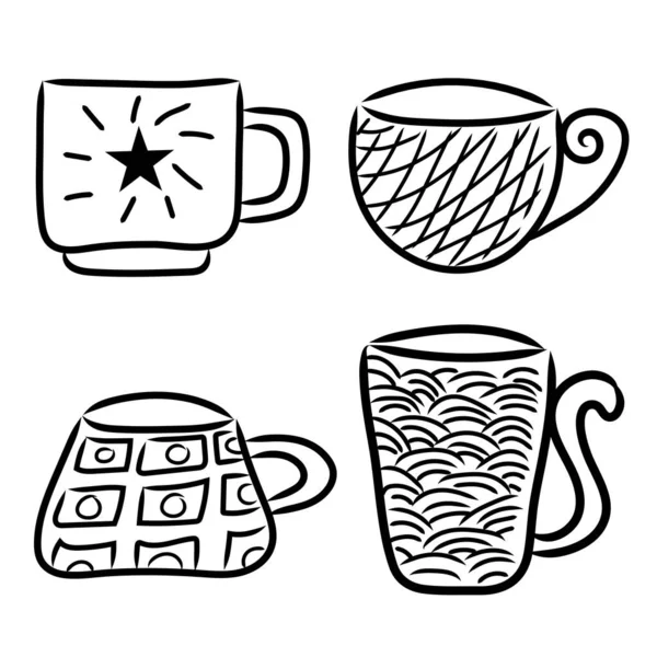 Conjunto de ícones de linha de copos. Esboço preto. Conjunto de ilustrações vetoriais desenhadas à mão. Café e xícaras de chá doodle —  Vetores de Stock