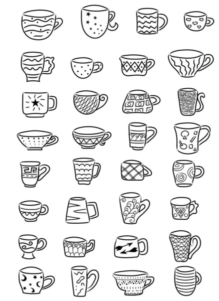 Copos coleção ícone de linha. Conjunto de ilustrações vetoriais desenhadas à mão. Esboço preto. Café e xícaras de chá doodle —  Vetores de Stock