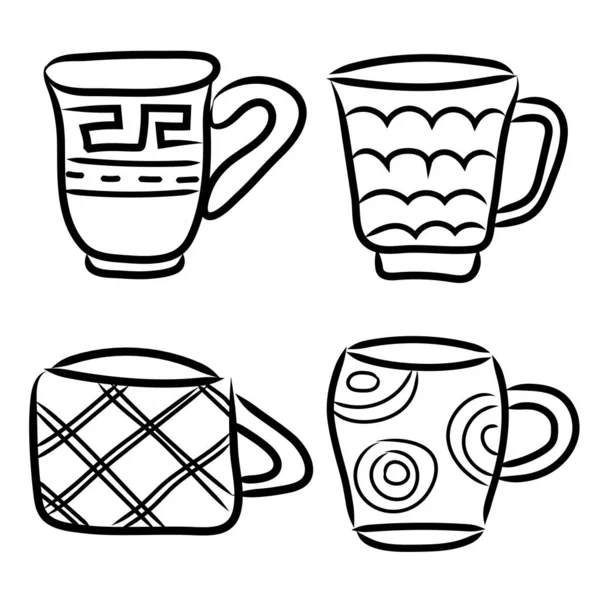 Cups vonal ikon készlet. Kézzel rajzolt vektor illusztrációs készlet. Fekete körvonal. Kávé és teáscsésze doodle — Stock Vector