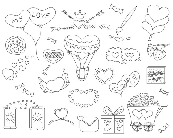 Ensemble de contours design Saint-Valentin avec des éléments dessinés à la main. Illustration vectorielle sur fond blanc. — Image vectorielle