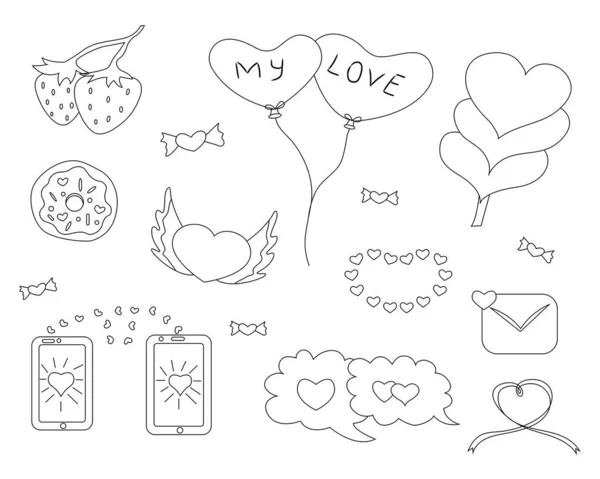 Zbarvení kniha Valentines Day design set s ručně kreslených prvků. Vektorová ilustrace na bílém pozadí — Stockový vektor