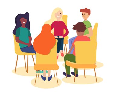 Farklı ırktan insanların birleşmiş topluluğu. Destek grubu terapisi, psikologlara danışmanlık, vektör ilüstrasyonu. Farklı uluslardan insanlar için grup terapisi