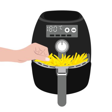 Kızarmış patatesli kızartma makinesi. Sıcak havayla yemek pişiren akıllı bir mutfak aleti. El, kızartma makinesinden patates kızartması çıkarıyor..
