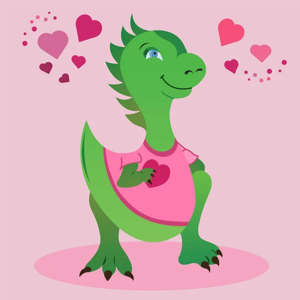 Dinosaurie Kär Söt Dinosaurie Rosa Shirt Med Ett Hjärtligt Hjärta — Stock vektor