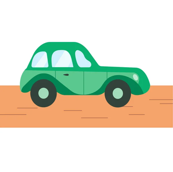 Дороге Едет Зеленая Плоская Машина Векторная Иллюстрация Изолирована Белом Фоне — стоковый вектор