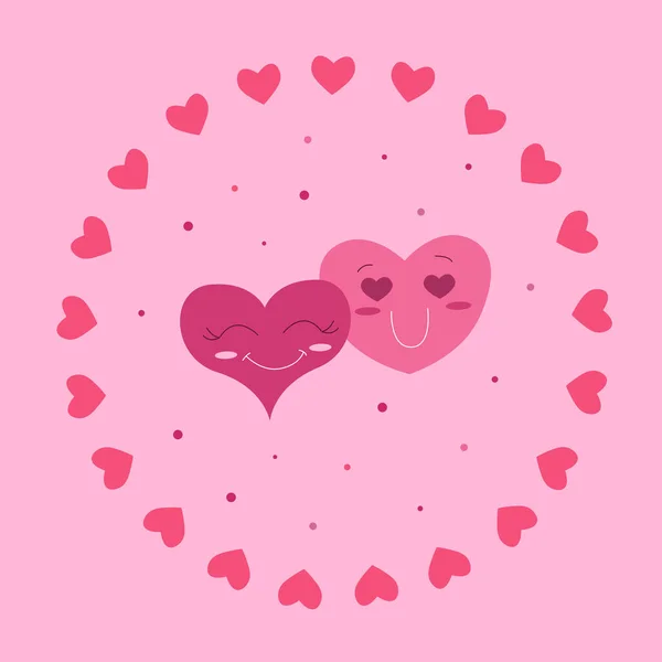 Sevimli kalpler gülümsüyor. Sevgililer günü için kartpostal. Mutlu yüzler. Çember Vektör çizimi şeklinde küçük pembe kalpler. — Stok Vektör