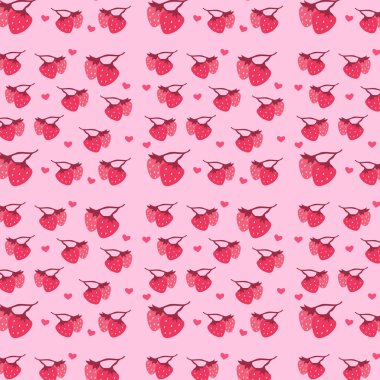 Kusursuz desenli, lezzetli, sulu çilekli pembe bir arka plan. Yaz meyvesi. Sevgililer Günü ambalaj kalıbı. Vektör illüstrasyonu