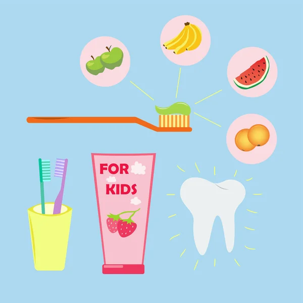 Crianças tubos de pasta de dentes e escova de dentes set. Cuidados dentários para crianças. Pasta de dentes com sabores diferentes: morango, banana, laranja, maçã, melancia. Um dente cintilante. —  Vetores de Stock