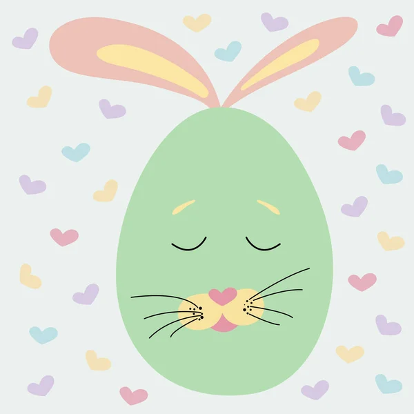 Glad påsk. Vektor tecknad illustration. Grönt påskägg med kaninöron på bakgrund med hjärtan. Färgade ägg för påsk semester. Påskpynt. Pastellfärger. — Stock vektor