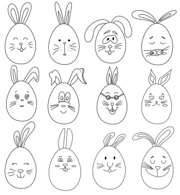 Boyama sayfası mutlu paskalya seti. Paskalya tavşanı yumurtası koleksiyonu. Paskalya için taşıyıcı karakterler. Çocuklar için özet boyama kitabı
