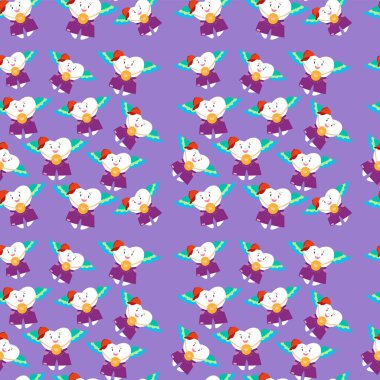 Mor arka planda kusursuz desenli diş perisi. Vektör karikatür çizimi. Şortlu bir diş perisi ve kırmızı bir şapka parlayan bir parayı tutuyor. Çocuklar için diş bakımı