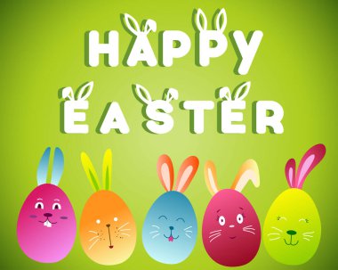 Mutlu Paskalyalar. Yeşil arka planda yumurta ve tavşan unsurları içeren renkli Mutlu Paskalyalar tebrik kartı. Paskalya Festivali duvar kağıdı yumurtaları renkli vektör tasarımı EPS. Vektör düz resimleme