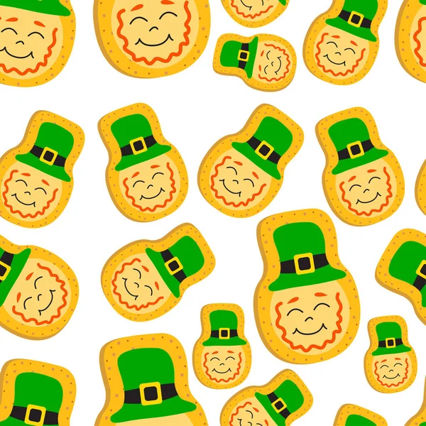 Patricks Día de la galleta patrón sin costuras. Ginger cookie leprechaun. Shamrock St. Patricks Day Sugar Cookie. Símbolo del Día de San Patricio. Ilustración vectorial sobre fondo blanco — Vector de stock