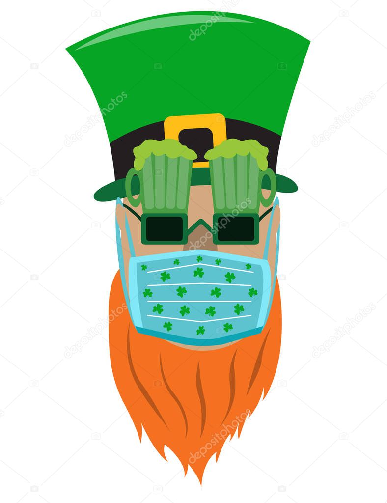 St. Patrick's Day man in medical mask, hat and glasses. Happy st. Patrick's day. Vector flat illustration.