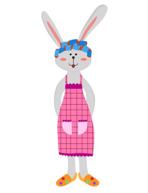 Önlük ve bigudi giymiş komik tavşan. Mutlu tavşan şef. Çizgi film sevimli anne tavşan.