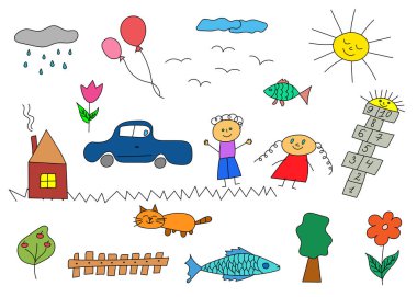 Mutlu çocuklar çizer. Bir dizi el çizimi şirin karalamalar. Çizen çocuklar. Çocuksu karalama tarzında elementlerin toplanması