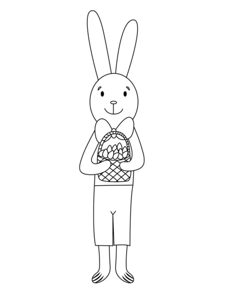 Мультфильм Пасхальный Кролик Держит Корзинку Яиц Happy Easter Coloring Page — стоковый вектор