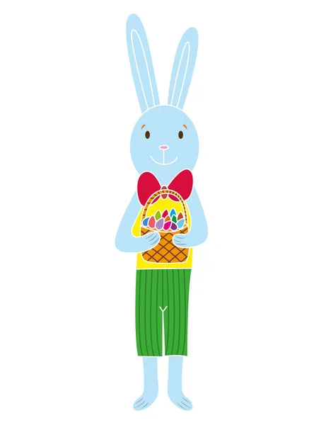 Feliz Pascua. Conejo de Pascua de dibujos animados sosteniendo huevos de cesta. Conejo y huevos. Ilustración vectorial — Vector de stock