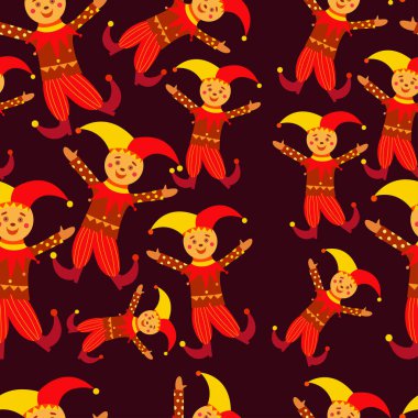 Rus geleneksel soytarı kusursuz desen. Maslenitsa 'daki Rus soytarısı. Parlak elbiseli Skomoroh. Rus yazıtları Maslenitsa. Koyu arkaplanda vektör karikatür çizimi.