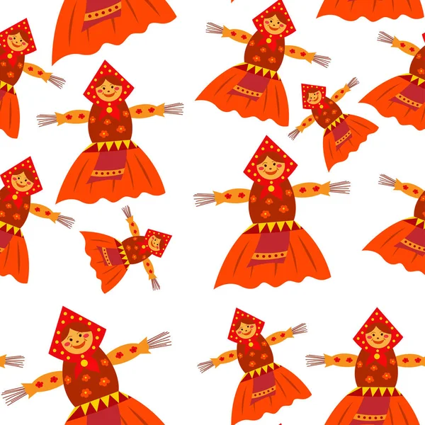 Shrovetide or Maslenitsa gift card with scarecrow on samovar. Seamless patter. Slavic traditional Russian winter festival. Vector cartoon illustration
