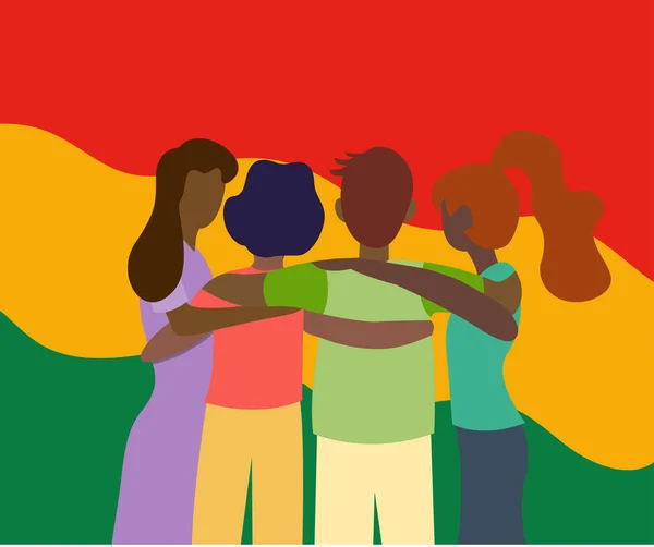 Grupo Negros Están Pie Juntos Abrazándose Todos Somos Iguales Juntos — Archivo Imágenes Vectoriales
