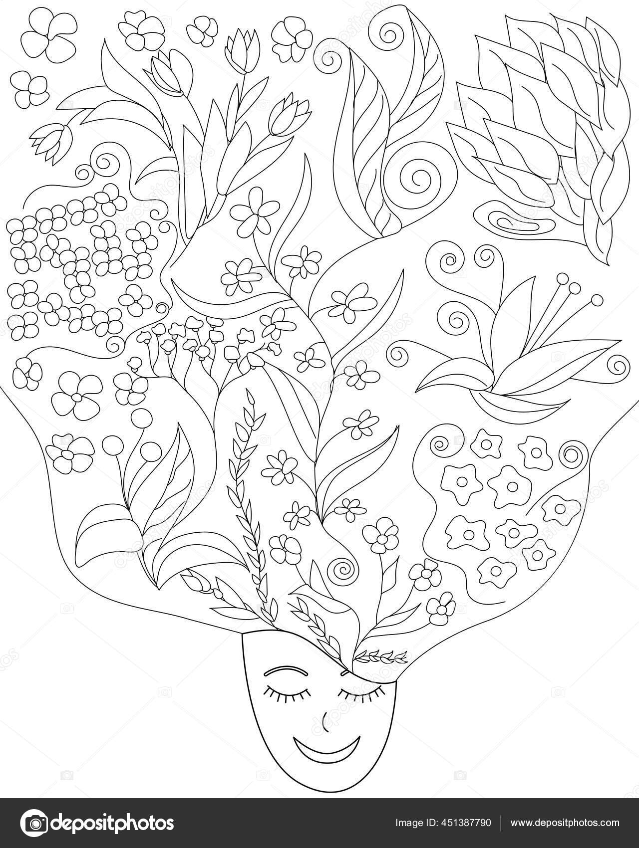头发着色页上的花美丽的时尚女性有抽象的发花形状的曼陀罗用于为书籍或禅画着色矢量插图的涂鸦风格国际妇女日
