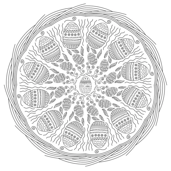 La Pascua de Mandala. Resumen Feliz mandala de Doodle de Pascua. Patrón de fondo de garabato retro floral étnico asiático en vector. Patrón con forma de huevo. Página para colorear de la imagen zen mandala para relajarse. — Archivo Imágenes Vectoriales