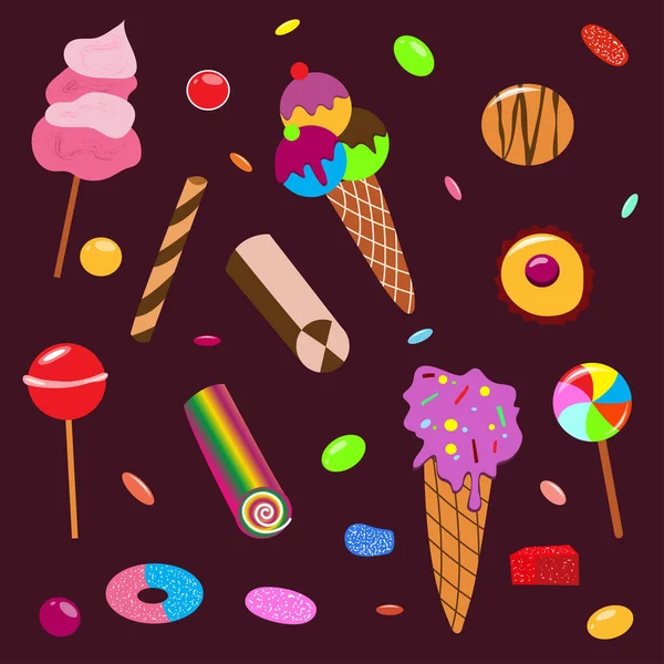 Süßigkeiten Und Bonbons Set Schokoriegel Bonbons Und Andere Süße Lebensmittel — Stockvektor