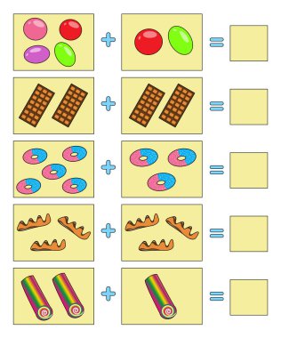 Çocuklar için eğitici bir oyun. Renkli yemekler. Toplama için matematik örnekleri çöz. Tatlıları katla