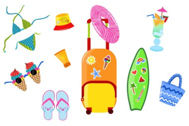 Yaz seti, aksesuarlar. Modern vektör düz resim tasarımı beyaz arkaplanda izole edildi. Tropik yaz elementleri. Plaj klipsi sanat seti.