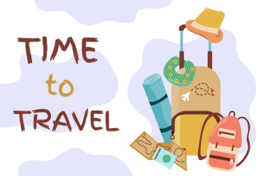 Seyahat, yaz tatili, plaj istirahati. Eğlence için seyahat malzemeleri seti. Dünyayı dolaşmak için nesneler. Vektör düz arkaplan ve nesne çizimleri