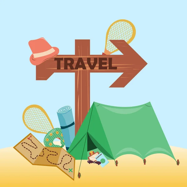 Travel elements collection. Wooden signpost labeled travel. Set of travel items for recreation. Objects for travelling around the world. Vector flat background and objects illustrations