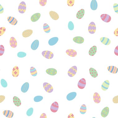 Pastel yumurtalarla kusursuz paskalya şablonunuz kutlu olsun. Duvar kağıdı, hediye kağıdı, web sayfası arka planı, bahar ve Paskalya tebrik kartları için tasarım. Vektör illüstrasyonu