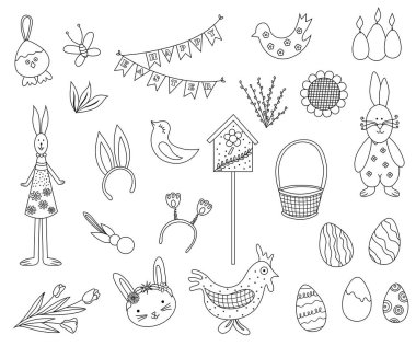 Mutlu Paskalya vektörleri. Dekotasyon için Paskalya karalama elementleri. Tatlı tavşanların boyama sayfası, yumurta, tavuk, kuş evi, sepet, çiçekler. Bayram bahar çizgi film koleksiyonu boyama kitabını kavramsallaştır