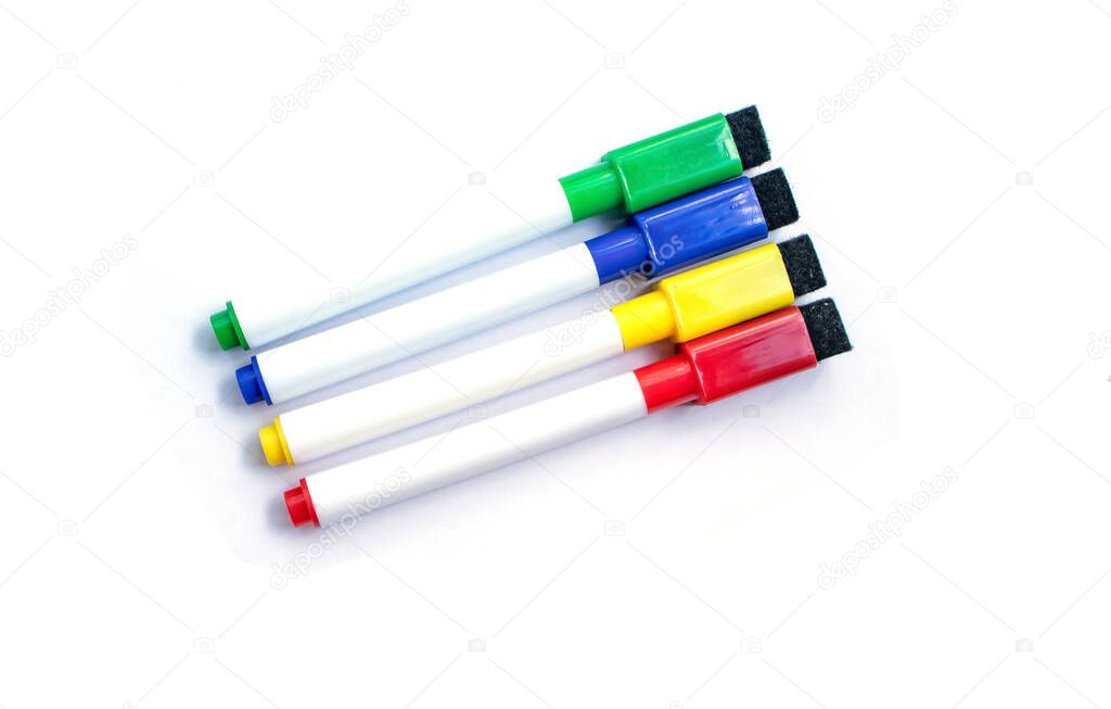 Multicolored markers with eraser isolated items on white background.