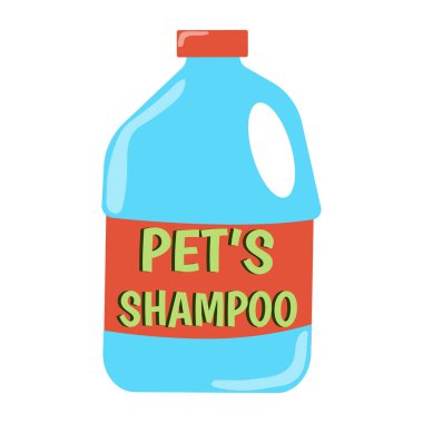 Evcil hayvanlar için şampuan. Üzerinde Evcil Hayvan Şampuanı yazan büyük bir plastik şişe. Evcil hayvanlar için suç ortağı. Hayvan bakımı malzemesi beyaz arka planda izole edilmiş. Vektör çizgi film illüstrasyonu