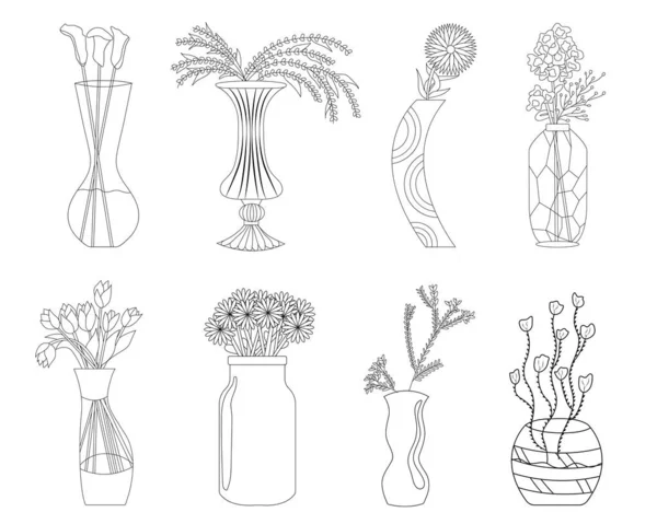 Bouquet di fiori incastonati in stile doodle. Tulipani, calli, margherite con vasi, brocche e bottiglie di vetro con acqua. Fiori per celebrazione da colorare pagina. — Vettoriale Stock