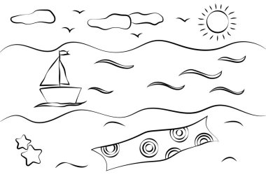 Yaz plajı, deniz ve yelkenli çocukları çiziyor. Yaz eşyası karalaması. El çizimi vektör illüstrasyonu.