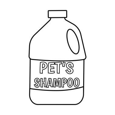 Shampoo for pets in doodle style. Large plastic bottle labeled Pet Shampoo. Accessory for pets hand drawing. Animal care icon isolated on white background. Vector illustration