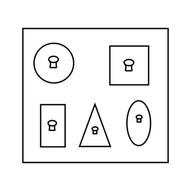 Çocuklar için Montessori karalama oyuncağı. Farklı şekiller için ayırıcı. İzole çocuk oyunu beyaz arka planda. El çizimi vektör illüstrasyonu.